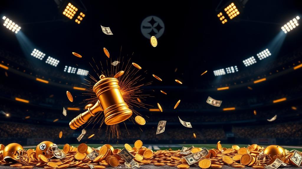 Golden auction gavel striking coins in a stadium