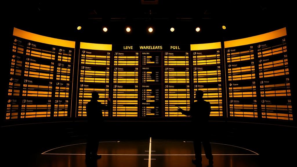 Glowing golden draft board in a dark war room